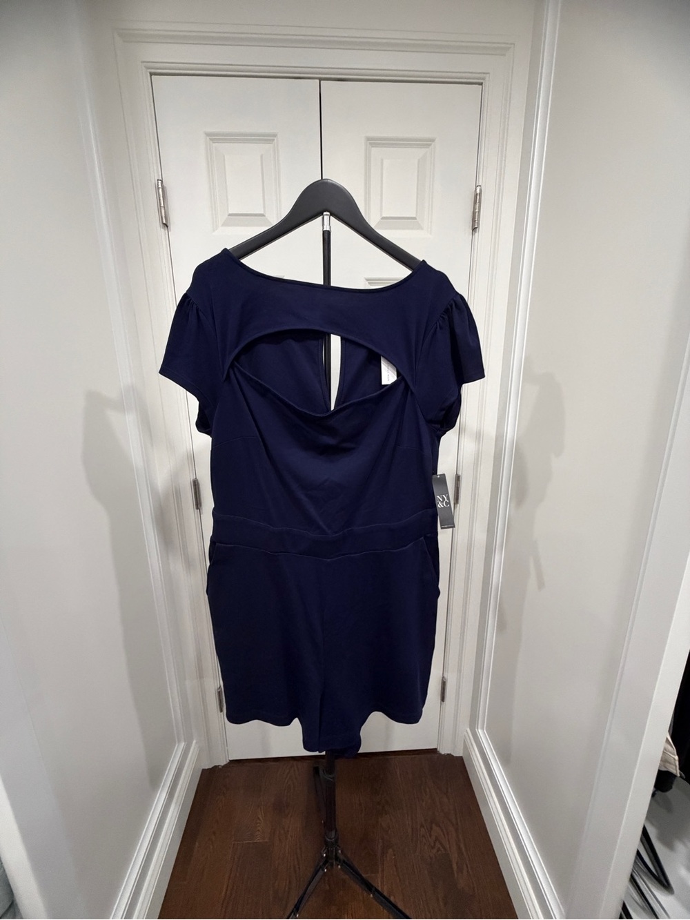 New York & Company Navy Cutout Short Sleeve Jumpsuit